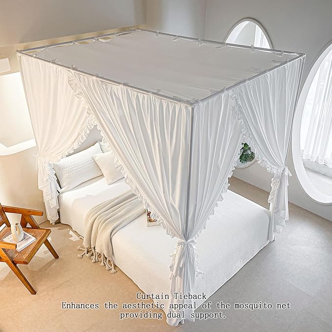 AIKASY Princess Canopy Bed Curtains with Top Ties - Windproof & Lightproof for Girls' Adult Bedroom Decor | Bed Canopy Drapes (Full,White)