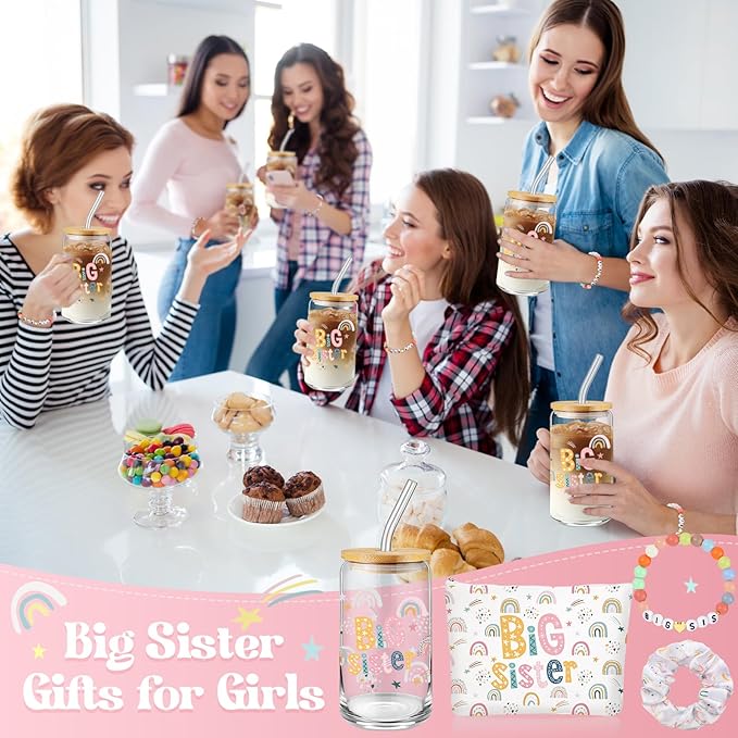 4 Pcs Big Sister Gifts for Girls Cute Big Sister 16oz Glass Tumbler Cup Makeup Bag Sister Bracelet and Scrunchies Best Sister Gift for Little Girls of New Baby Birthday Baby Shower