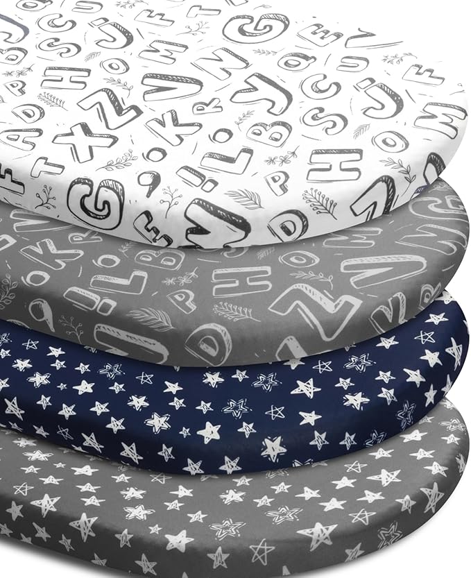 4 Pack Breathable Bassinet Sheets for Baby Boys Neutral Unisex Soft Bassinet Fitted Sheets for Toddler Travel Bassinet (Letter)