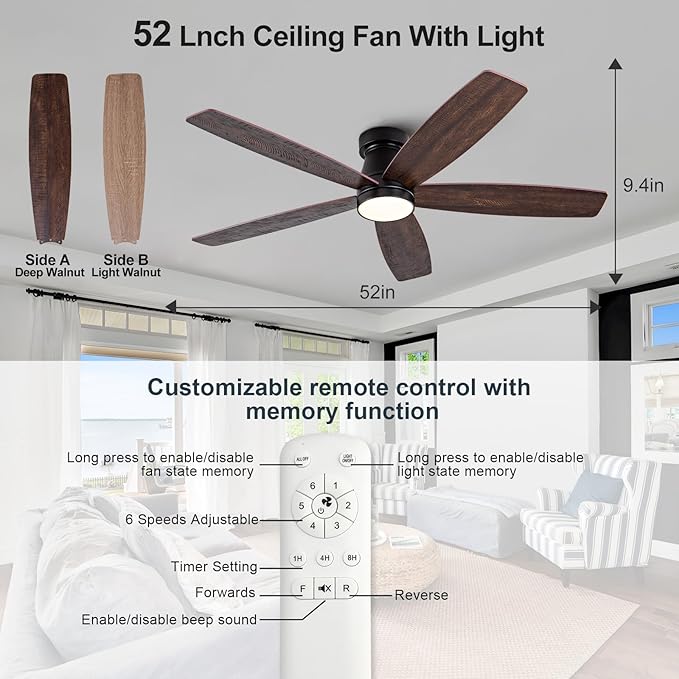 52 inch Ceiling Fans with Lights and Remote,Flush Mount Black Ceiling Fan,Memory Fuction Reversible Quiet DC Motor Low Profile Ceiling Fans For Living Room Bedroom Indoor Outdoor(Black Walnut)