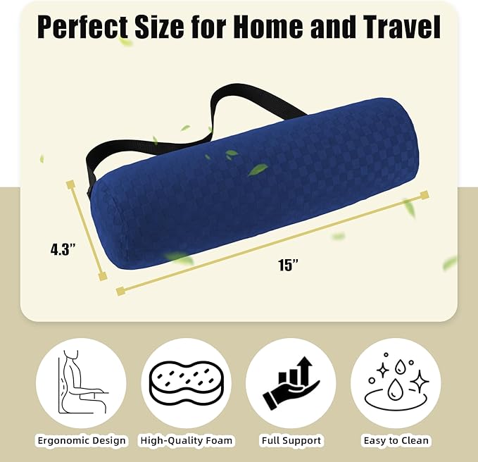 Lumbar Roll Pillow for Lower Back, Lumbar Support Foam Roll Cushion with Pillowcase and Upgraded Strap for Office, Chair, Car, Seat Pain Relief & Improving Posture (Dark Blue, Long-15*4.3'')