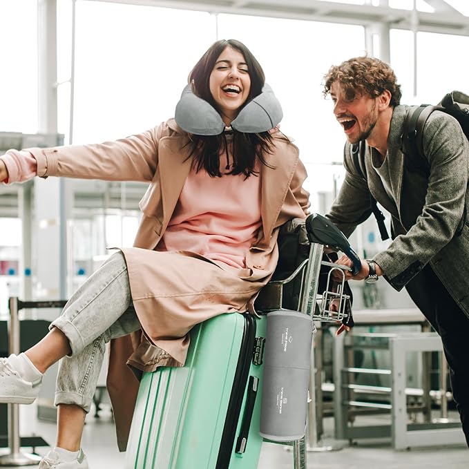 Travel Pillow and Blanket Set Neck Pillow Airplane Memory Foam for Traveling Compact with Bag Grey