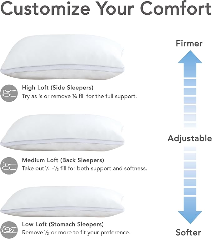Cooling Pillow for Side Sleeper Shredded Memory Foam Standard Size Set of 2 Firm Support Sleeping Bed Pillows Stomach Back
