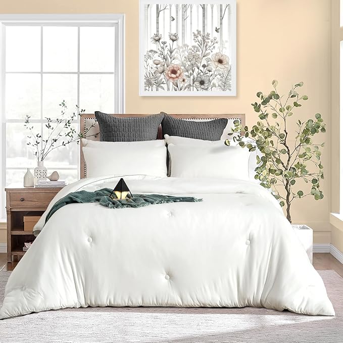 KASENTEX Super-Duper Ultra Soft Jersey Knit Queen Comforter Set, Buttery Smooth Bed Bedding White Comforter 3 Piece Solid Breathable - All Season Queen Size with 2 Pillow Case Shams, 88x90 inches