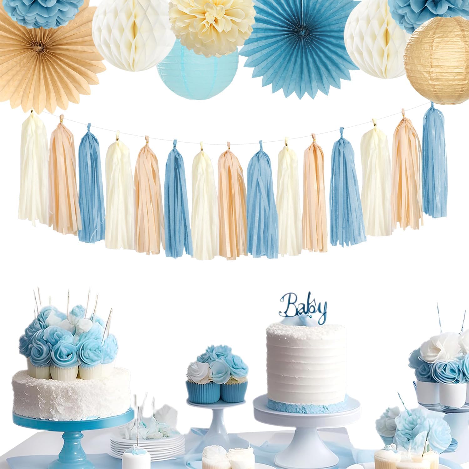 Dusty-Blue Baby-Shower Party-Decorations Tassel-Garland - 15pcs Neutral Boho Birthday Wedding Bridal Tassels, Beige Champagne Banner Streamers, Engagement Bachelorette Decor Panduola
