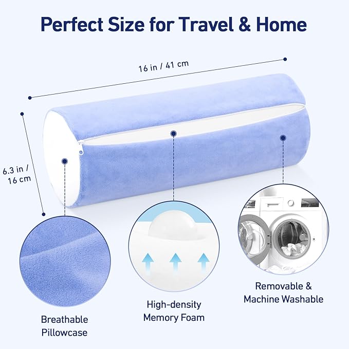 Neck Roll Pillow for Sleeping - 16 x 6.3 Inch Memory Foam Cervical Neck Pillow with Removable Cover - Multifunctional Bolster Pillow for Bed, Couch, Office, Yoga, and Travel (Blue White)