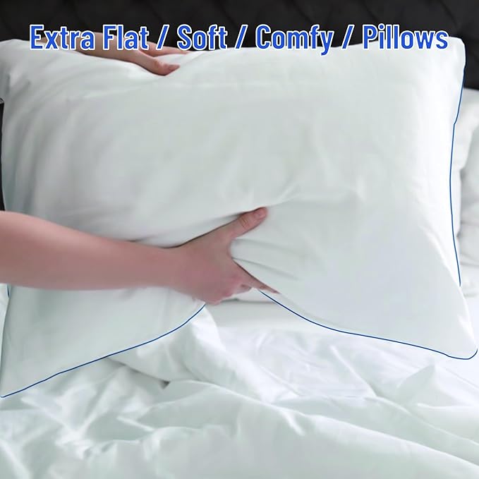 SILUI Extra Flat Soft Thin Pillows Queen Size Set of 2 Pack Bed Pillow with Down Alternative Fill for Side Back Stomach Sleepers, 20x30 Inches, White