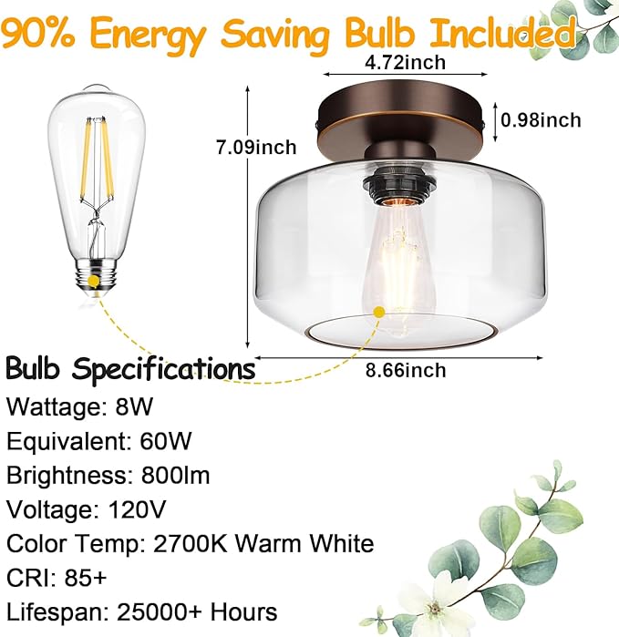 Industrial Semi Flush Mount Ceiling Light Oil Rubbed Bronze, 800 Lumen LED Bulb Included, Clear Glass Shade Ceiling Light Fixture, Light Fixture for Hallway Bathroom Bedroom, Hanging Light Fixtures