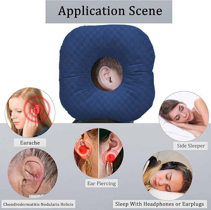 Ear Piercing Pillow for Side Sleepers, Pillow with an Ear Hole for CNH and Ear Pain Ear Inflammation Pressure Sores, O-Shaped Side Sleeping Pillow, Ear Guard Pillow(Dark Blue)