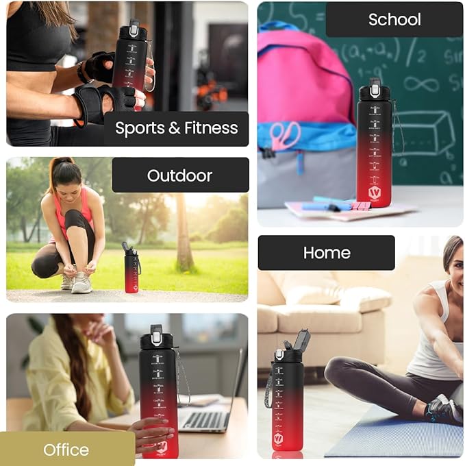 1L Water Bottle with Straw - Leak-Proof & BPA Free Reusable Sports Bottle - Motivational Time Markings for Hydration Durable Drink Bottle for Gym, Sports, Outdoor (Black and Red)