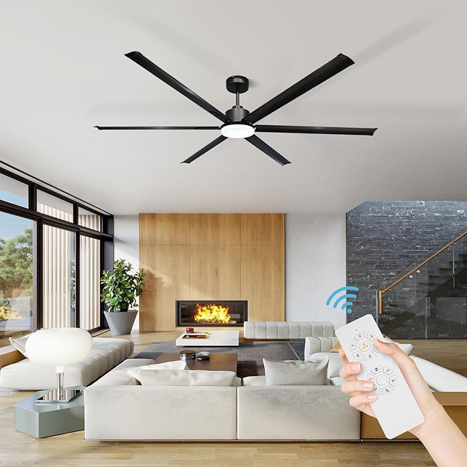 GESUM 84 Inch Ceiling Fans with Light, Industrial Ceiling Fan with 6 Aluminum Blades, Reversible, 6-Speeds, Large Ceiling Fan for Porch/Garage/Shop (Black)