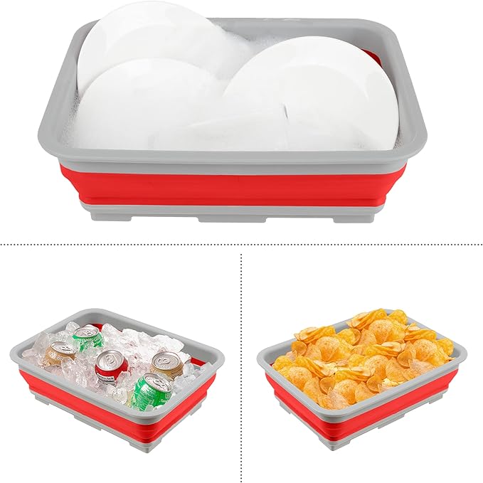 Set of 2 Multipurpose Wash Bins – 10-Liter Basins for Camping, Parties, or Cleaning – Collapsible Bucket Set by Wakeman (Red)