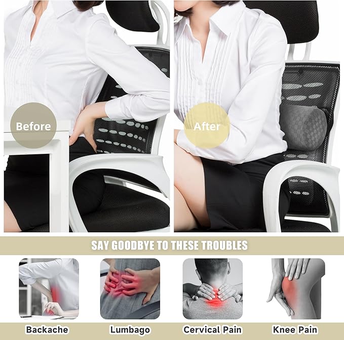 Lumbar Roll Pillow for Lower Back, Lumbar Support Foam Roll Cushion with Pillowcase and Upgraded Strap for Office, Chair, Car, Seat Pain Relief & Improving Posture (Light Grey, Short-11*4.3'')
