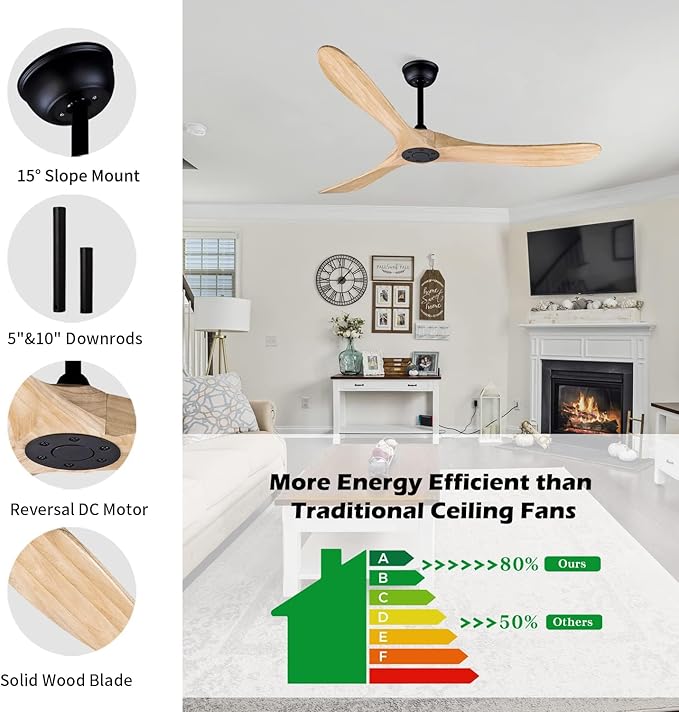 Bigzone 60" Outdoor Ceiling Fan No Light, DC Motor Quiet Energy Saving,3 Balsa Wood Blades, Wood Ceiling Fan With Remote Control,Reversible Blades