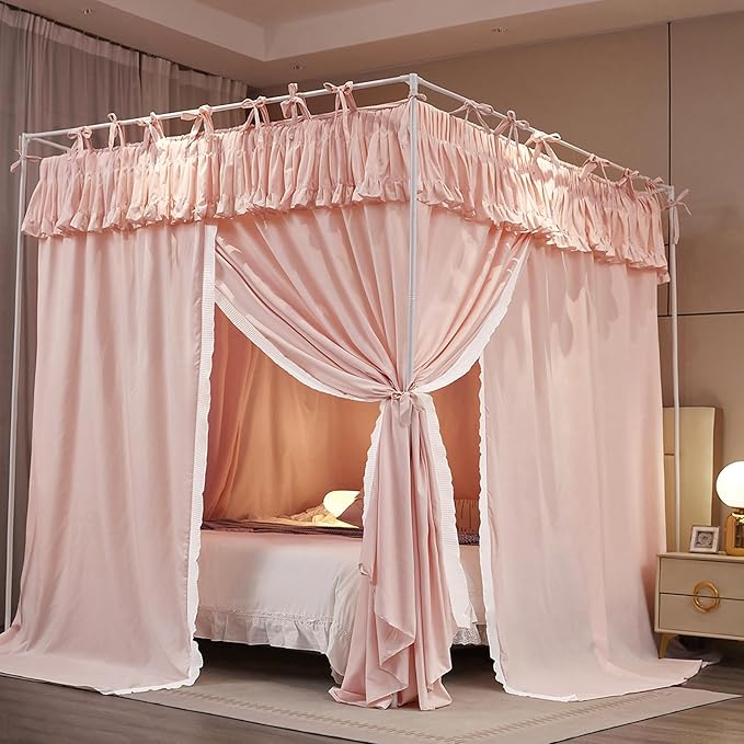 4 Corners Post Princess Ruffle Curtain Bed Canopy Lace Up Elastic Cozy Breathable Tent Mosquito Net for Girls Bedroom Decoration(Pink, 70-78" W*86" L*82" H/King)