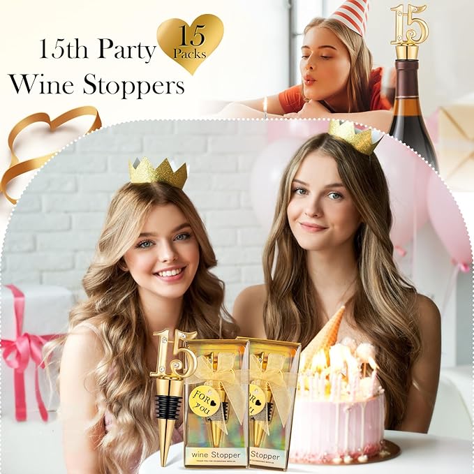 24-Pack 15 Wine Bottle Stopper for 15th Birthday Party Favors, Quinceañera Party Favors - 15 years old Wedding Anniversary Souvenirs or Decorations, Gift for Guests