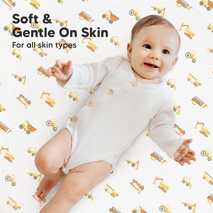 2-Pack Mini Crib Sheets Fitted, Pack and Play Sheets - Organic Cotton Pack N Play Sheets for Pack and Play Mattress, Playard Baby Crib Sheets, Jersey Crib Sheets Neutral for Boys, Girls (Construction)