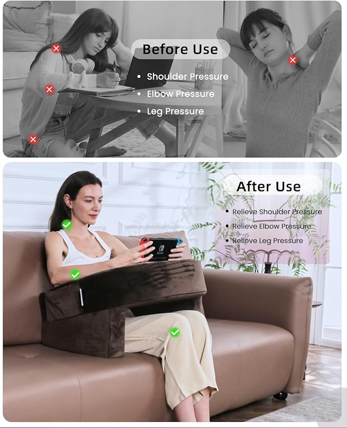 Weighted Idea Reading Pillow for Gaming, Meduim Gaming Pillow for Adult，Table Pillow with 2 Side Pockets for Gaming, Reading, Working Sitting in Bed Floor Sofa (Brown)