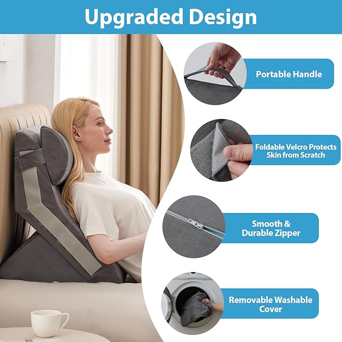 3PCS Bed Wedge Pillow for Sleeping, Adjustable Memory Foam Wedge Pillow for Back Leg Pain Relief, 23” Wide Triangle Pillow Wedge for Post Surgery, Acid Reflux, GERD & Snoring, Grey