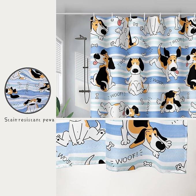 AILONEN Cartoon Dog Shower Curtain,Funny Beagle Active Dog Printed Shower Curtain, 72" W*78" H Waterproof Happy Cartoon Pet Dog Curtain with Grommets and 12 Hooks