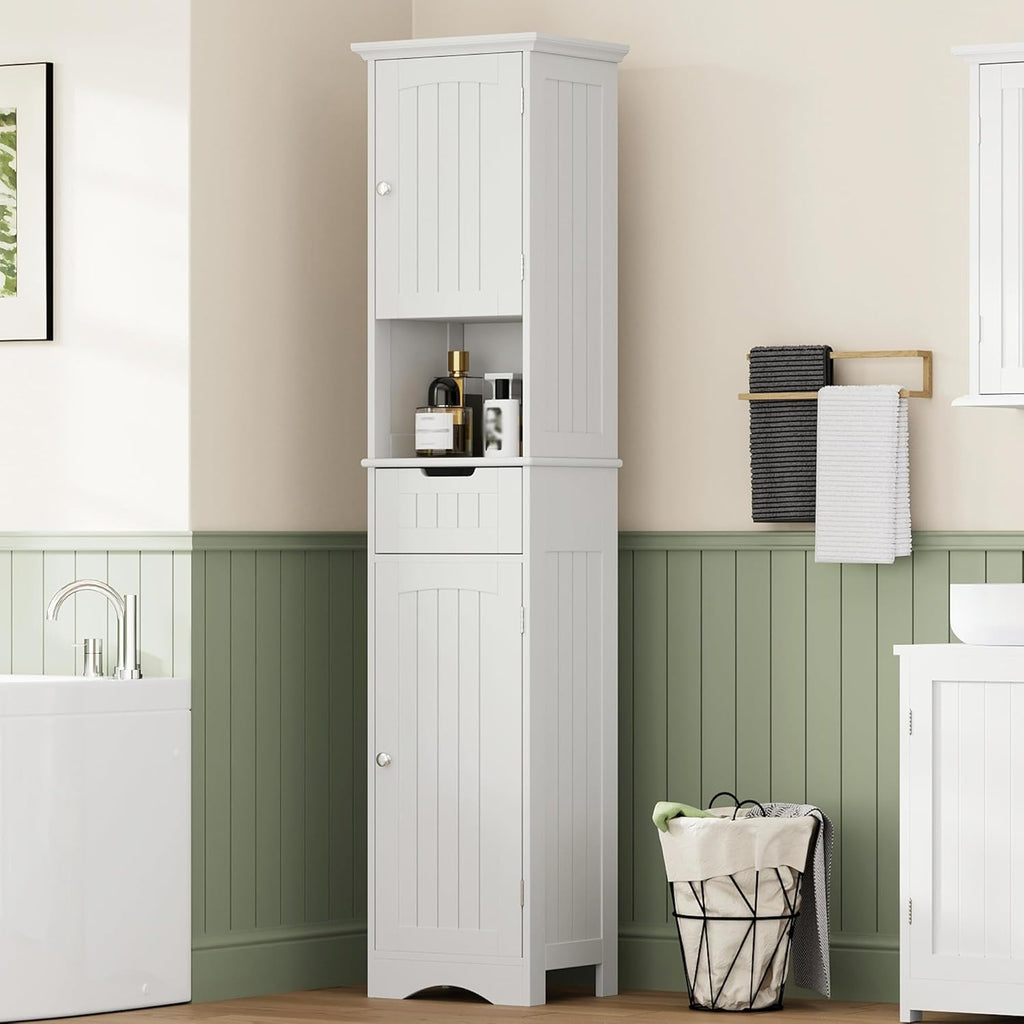 ChooChoo 67" Tall Bathroom Storage Cabinet Freestanding with Adjustable Shelves, Narrow Storage Linen Cabinet with 2 Doors and 1 Drawers for Bathroom, Living Room, Kitchen, White