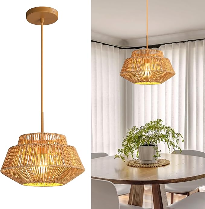 Rattan Chandelier Light Fixtures: 1-Light Boho Pendant Lights with Wicker Lampshade, E26 59inch Height Adjustable Hand Woven Hanging Chandeliers for Dining Room Kitchen Farmhouse Living Room