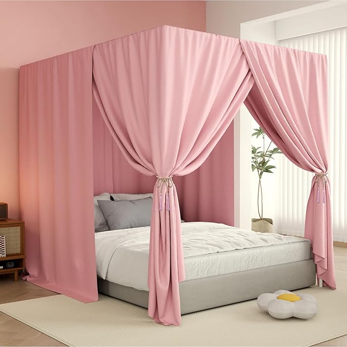 Pink Canopy Bed Curtains - 4 Corner Post Bed Curtains King Lightproof Drapes Bed Canopy Curtains with Tie Backs for Adults & Girls Bedroom Decoration(Pink,King)