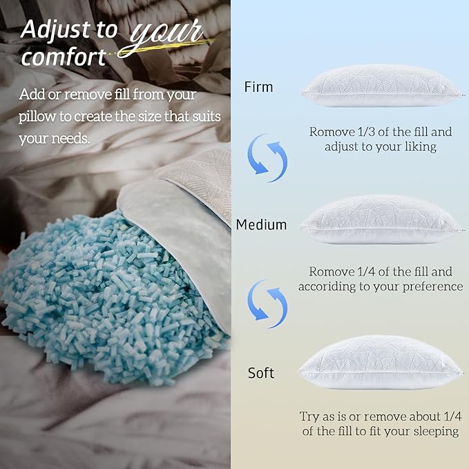 BETU Cooling King Size Pillows Set of 2, Shredded Memory Foam Cool Pillows for Hot Sleepers, Adjustable Firm Soft Support Bed Pillows Perfect for Back Neck Pain and Side Sleeping with Cover, White