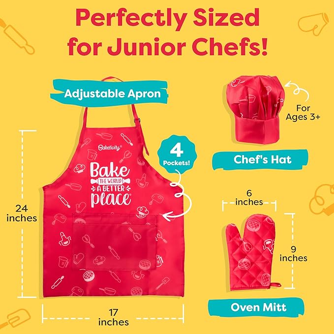 Baketivity Kids Chef Hat and Apron Set for Boys & Girls - One Size Fits All (Adjustable) - Premium, Washable Kids Apron and Chef Hat Set for Cooking - Young Chefs & Junior Bakers Chef Outfit for Kids
