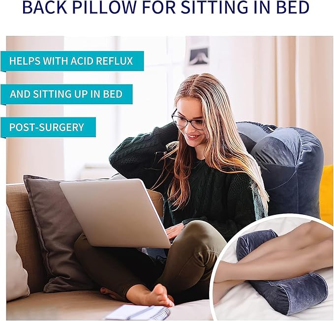 Reading Pillow Adults 31’’, Backrest Pillow with Arms for Sitting in Bed Couch Shredded Memory Foam, Back Pillow with Leg Pillow and Pockets for Reading/Gaming/Relaxing