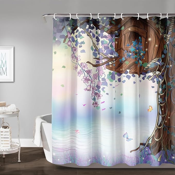 AILONEN Purple Tree Leaves Shower Curtain,Botanical Floral Plants Vine Shower Curtain,Butterfly Floral Shower Curtain for Bathroom Decor Polyester Waterproof with Grommets and Hooks 72" W*96" H