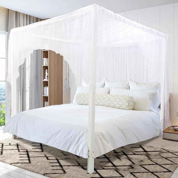 tupi White Canopy Bed Curtains for King/Queen/Full Size, 4 Corner Bed Canopy, Elegant Bed Drapes Bedroom Decor, Ultra Ripstop Polyester, Easy Installation