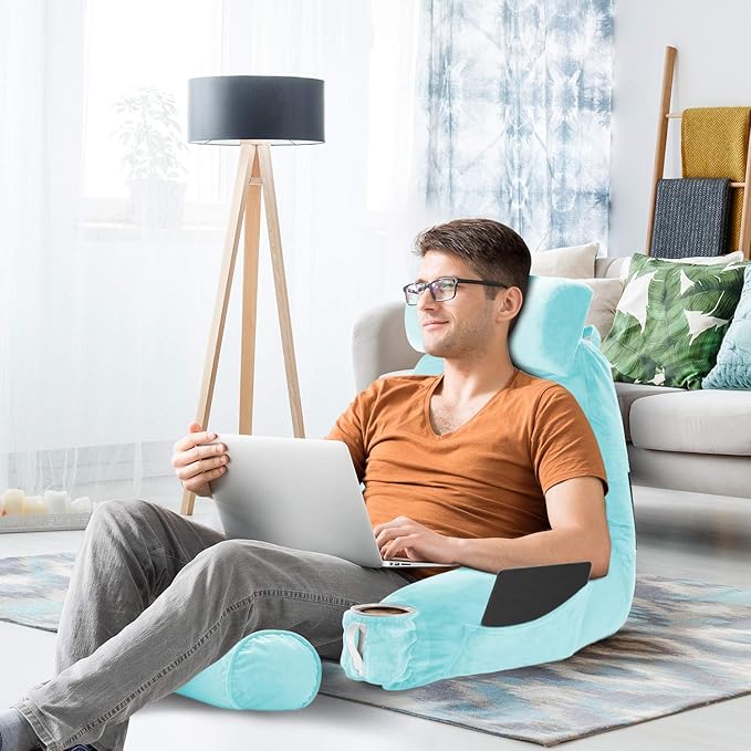 Nestl Reading Pillow Large Bed Pillow, Back Pillow for Sitting in Bed Shredded Memory Foam Chair Pillow, Reading & Bed Rest Pillows Light Blue Back Pillow for Bed, Bed Chair Arm Pillow with Pockets