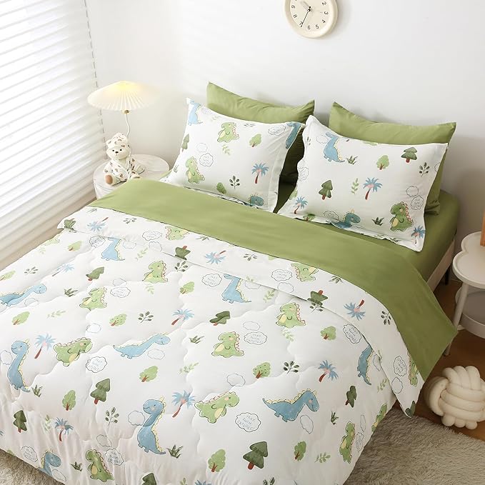 Wajade Kids Dinosaurs Comforter Set Bed in A Bag Full Size 7 Piece Cute Green Dinosaur Jungle Bedding Set for Girls Boys (1 Comforter, 1 Flat Sheet, 1 Fitted Sheet, 2 Pillowcase and 2 Pillow Sham)