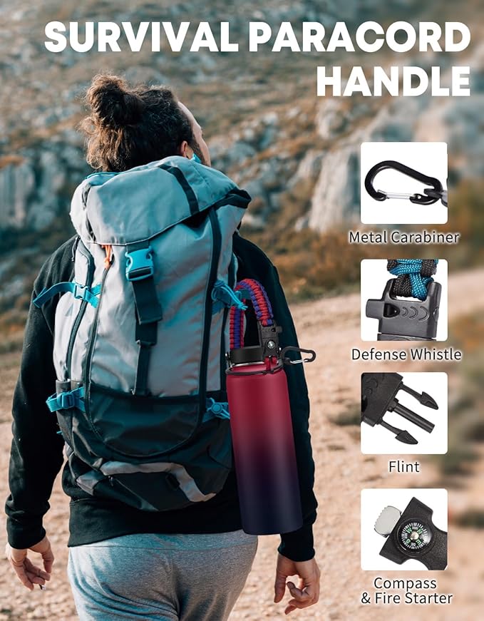 40 oz Stainless Steel Water Bottles Insulated - with Paracord Handle, Straw Lids, Flex Cap, Bottle Carrier & Silicone Boot, Leek Proof Reusable Water Bottle Flask Metal Jug Cold 48 Hrs Hot 24 Hrs
