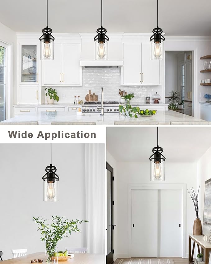 Industrial Pendant Light with Seeded Glass Shade, Black Farmhouse Hanging Light for Kitchen Island, Modern Ceiling Light Fixture for Dining Room Bedroom