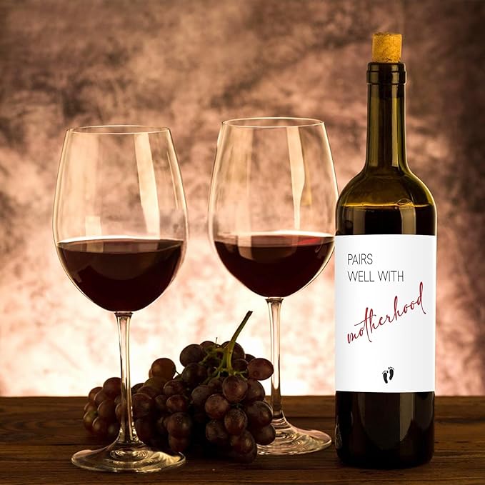 24 Pcs Funny New Mom Wine Label Pairs well with Motherhood Wine Bottle Labels New Baby Gift Wine Bottle Stickers New Mom Mother's Day Gifts for Mother Mommy