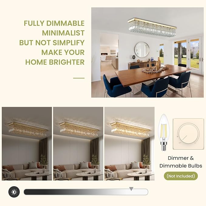 Siljoy Modern Crystal Ceiling Light Luxury Gold Rectangular Flush Mount Crystal Raindrop Chandelier 10 Lights Large Rectangle Pendant Light for Living Dining Room Kitchen Island L47'' x W10'' x H10''