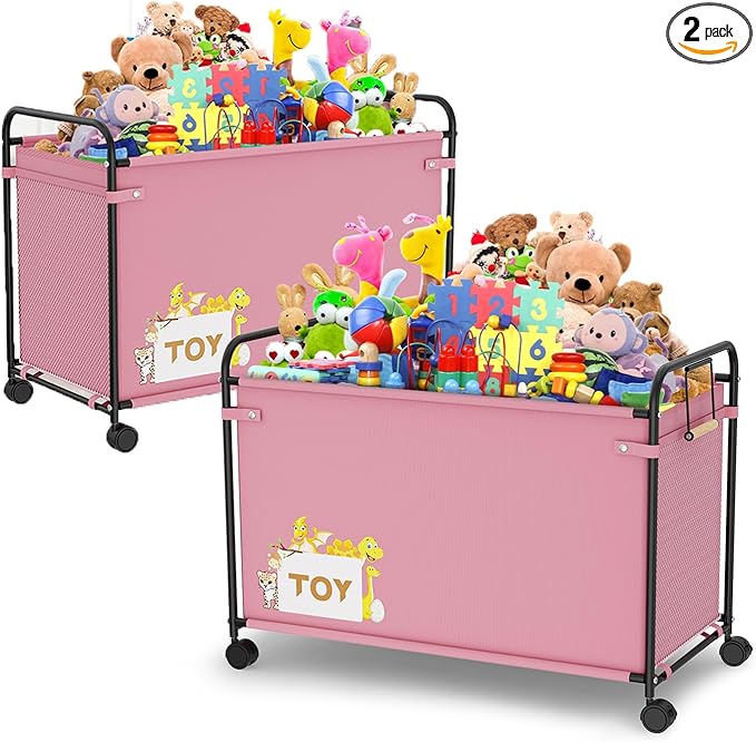 180L Kids Large Toy Box with Wheels, Metal & Oxford Cloth Big Toy Chest for Boys Girls, Toy Organizer with Wooden Handle for Bedroom, Living Room Area, Stuffed Animals, Clothes(Pink x2)