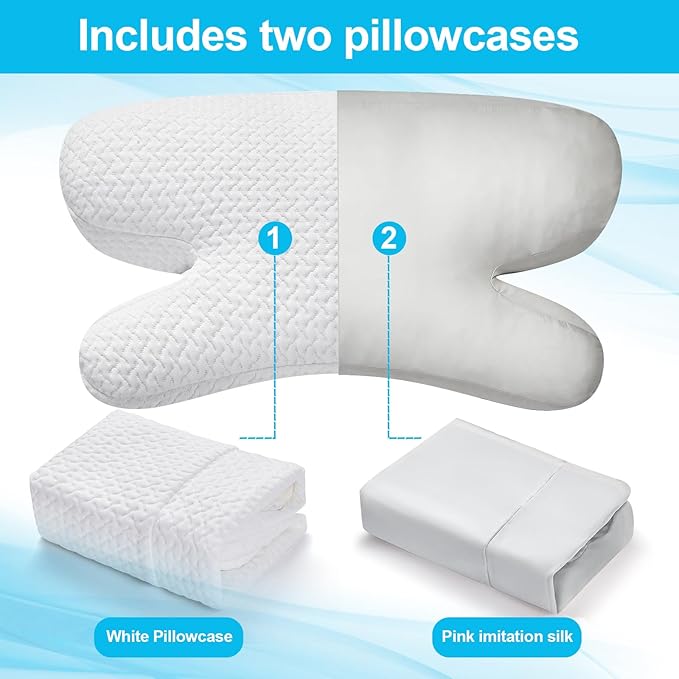 Side Sleeper Pillow Anti Wrinkle Aging Pillow Gel Shredded Memory Foam for Neck Pain Relief Pillow for Sleeping Side Back Stomach Sleeper Pillows (Regular White Style+Grey Rayon Silk Pillowcase)