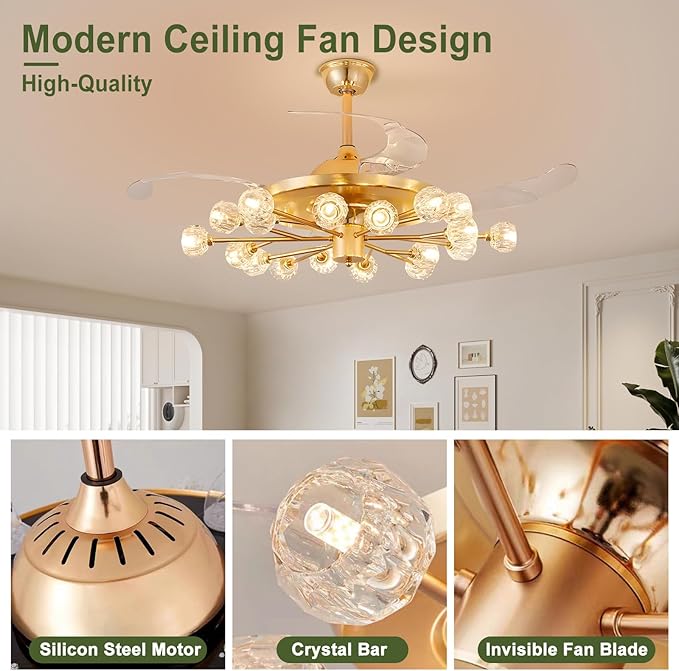 Sputnik Crystal Ceiling Fan Chandelier: 42" Gold Fandelier Ceiling Fans with 18 Lights and Remote Modern - Retractable Fandelier Ceiling Light for Living Dining Room Kitchen Bedroom