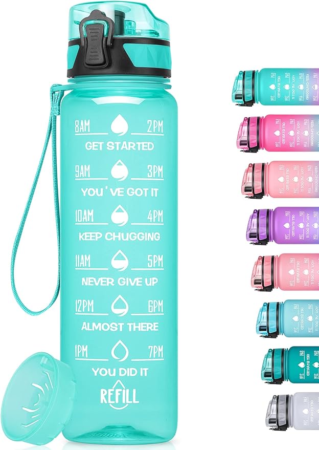 32oz/26oz Motivational Water Bottle with Time Marker & Fruit Strainer, Leak-proof BPA Free Non-Toxic 1l Bottle with Carrying Strap, Perfect for Fitness, Gym and Outdoor Sports Plastic