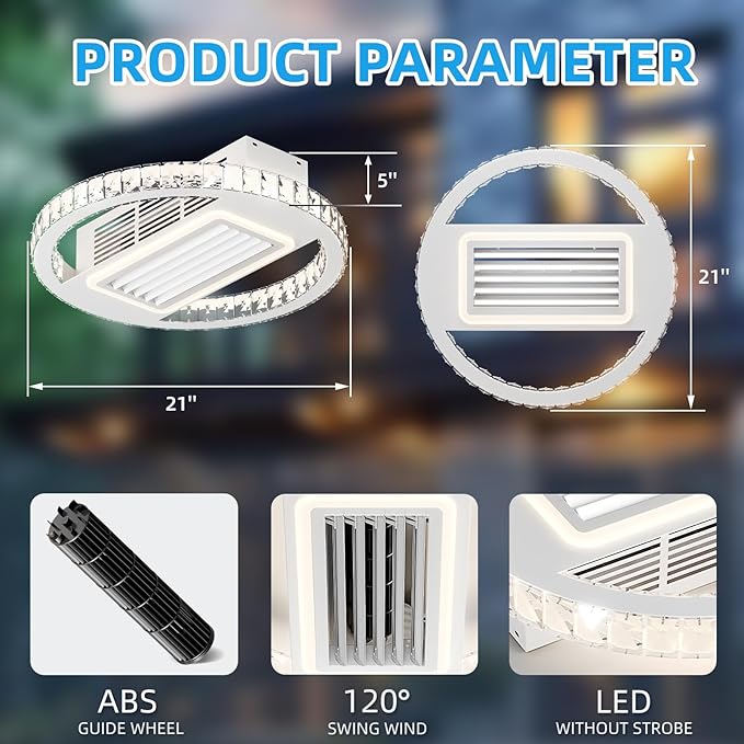 NicBex Ceiling Fan 22 Inch Modern Ceiling Fans with Lights Bladeless Ceiling Fan with Remote Control Round Ceiling Fans with Reversible Motor for Bedroom, Living Room, White