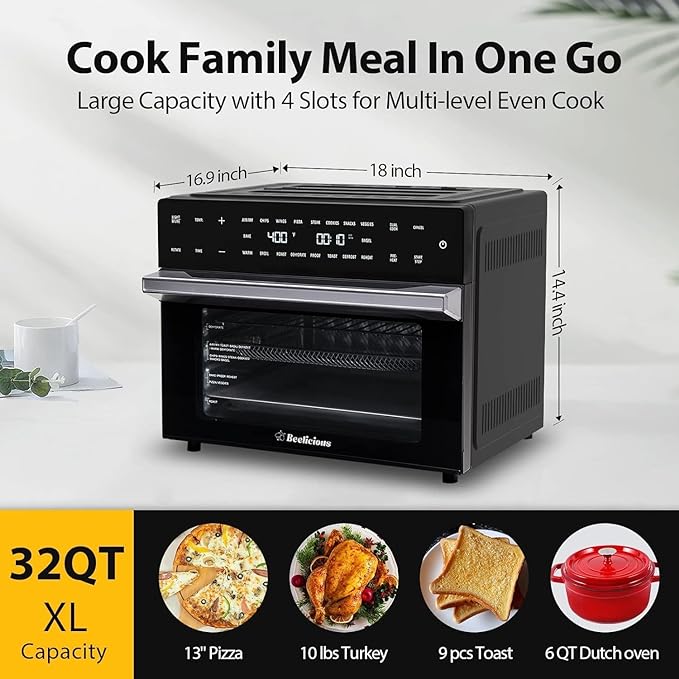 32QT Extra Large Air Fryer, 19-In-1 Air Fryer Toaster Oven Combo with Rotisserie and Dehydrator, Digital Convection Oven Countertop Airfryer Fit 13" Pizza, 1800w, Black
