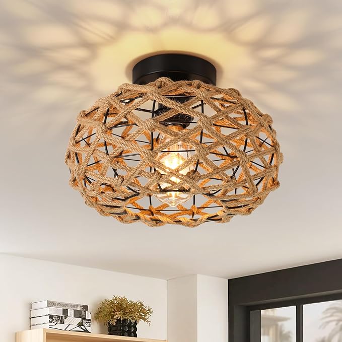 Rattan Ceiling Light Fixtures, Woven Wicker Semi Flush Mount Ceiling Light, Coastal Boho Rattan Ceiling Light for Farmhouse Bedroom Hallway Entryway Kitchen