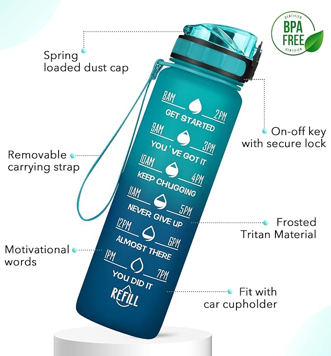 32oz Motivational Water Bottle with Time Marker & Fruit Strainer, Leak-proof BPA Free Non-Toxic Bottle with Carrying Strap, Perfect for Fitness, Gym and Outdoor Sports