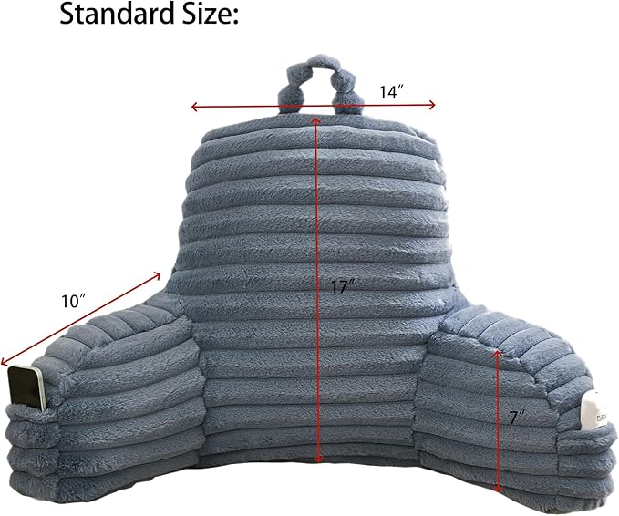 WERDIM Reading Pillow for Sitting in Bed, Faux Fur Back Pillow for Bed Rest, Bed Chair Pillow with Arms and Pockets(Standard, Dusty Blue)