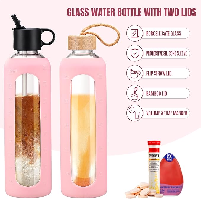 32oz Glass Water Bottle With 2 Lids-Flip Straw Lid, Bamboo Lid, Glass Water Bottle With Silicone Sleeve, Motivational Time Marker, Glass Juice Bottle for Cold Drink,Pink