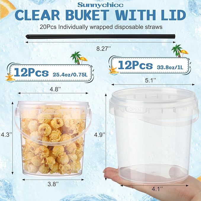 24 Pcs Ice Cream Bucket Clear Plastic Bucket with Lids and Straws Drinks Containers Plastic Food Storage Pail for Summer Cold Drink Beach Parties