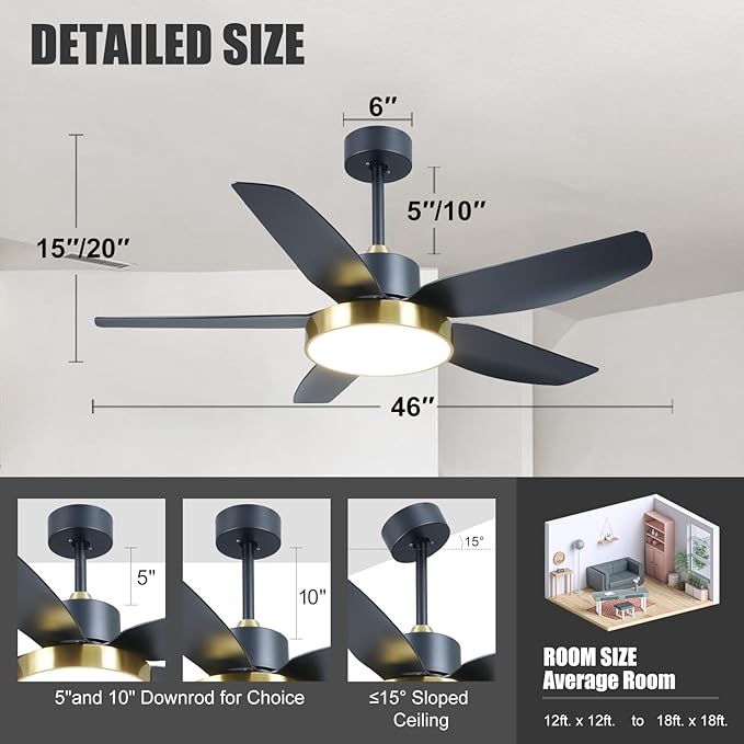 Modern Ceiling Fan with Light and Remote Control,46''Ceiling Fan with 3 Color Lights,Memory Function,5 Blades,6 Speeds,Outdoor Fan and Light for Living Room,Bedroom,Kitchen,Black Gold